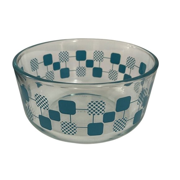 Pyrex Vintage Clear Glass Bowl With Teal Square Pattern 6" Wide 3" High Retro - Picture 3 of 3